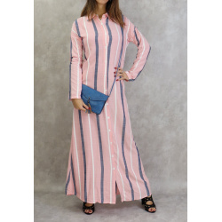 Long buttoned shirt dress in striped cotton fabric - Pink color