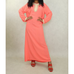Cotton long dress with female embroidery-Color salmon