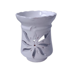 Photophore décoratif marocain en poterie de couleur Blanc émaillé cerclé et orné de...