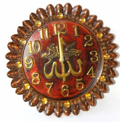 Horloge islamique ronde couleur bois avec parties dorées et diamants