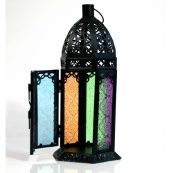 Lanterne métallique style mille et une nuits avec vitres en verre multi-couleurs