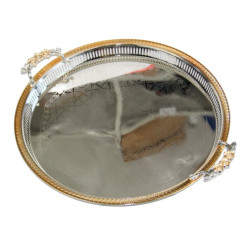 Grand plateau rond inox avec décorations dorées