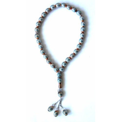 Chapelet "Sebha" de luxe doré avec motifs bleu ciel (33 grains)