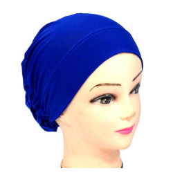 Plain blue hat with large flower in satin fabric