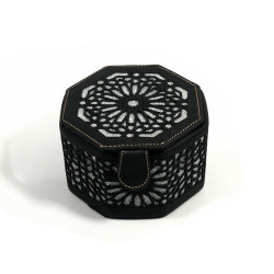 Boite de Rangement artisanale marocaine de forme octogonale noir en cuir avec des...