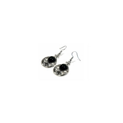 Boucles d'oreilles pendantes en métal argenté ciselé serties de pierres noir