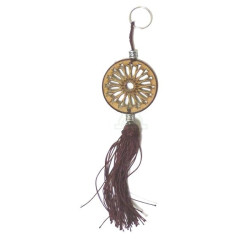 Pendentif porte-clés en bois de forme ronde sculpté d'arabesques et pompon en sabra de...