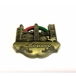 Magnet artisanal avec mosquée Koutoubia et Mosquée Hassan de Rabat (inscription Morocco)