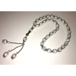 Chapelet blanc 33 grains ovales - "Sebha" de luxe avec motifs treillis dorés