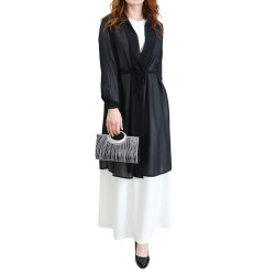 Mid-length kimono with black ribbon belt