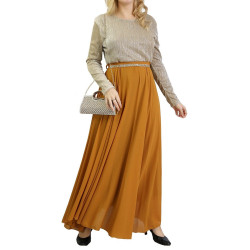 Maxi-long evening dress with shiny top with long sleeves - Mustard and gold color