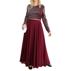 Maxi-long evening dress with shiny top with long sleeves - Burgundy red color