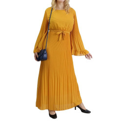 Long pleated dress with flared sleeves - Standard Size - Color Mustard yellow