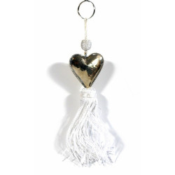 Porte-clés artisanal coeur en métal argenté ciselé et pompon en sabra - Blanc