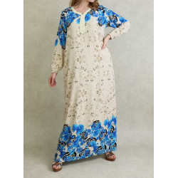 Robe d’intérieur 100% coton - Gandoura manches longues avec motifs à fleurs Couleur bleues