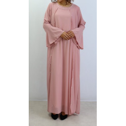 Long flared evening dress with pink pearls
