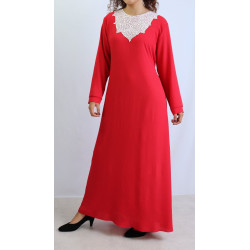 Red long dress with embroidery and white pearls