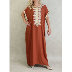 Robe marocaine manches courtes avec broderies - Couleur Rouille